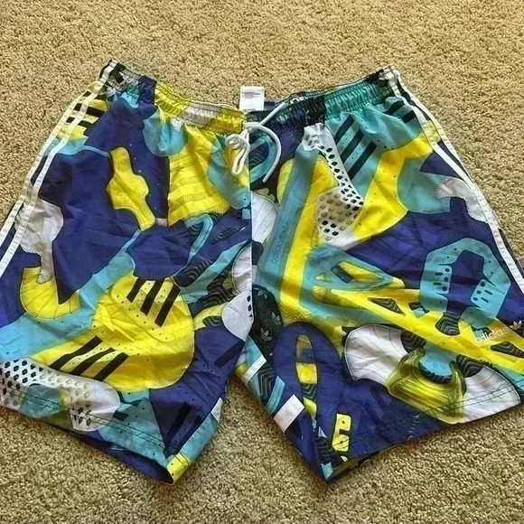 Adidas Swim Trunks Mens 2XL Blue Yellow Mesh Lined Sports Swim Shorts - Picture 1 of 5